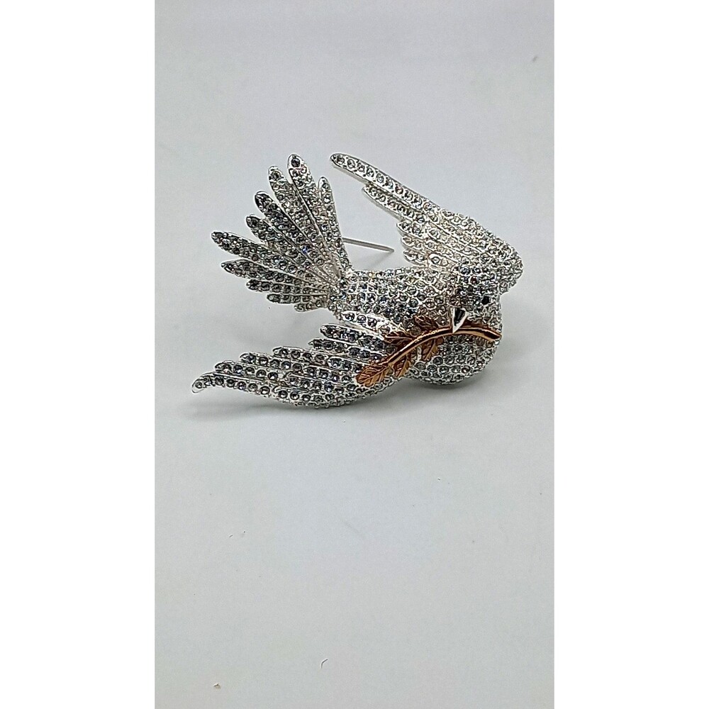 Vintage Joan Rivers Signed Dove of Peace Brooch Pave Crystal Olive Branch Pin
